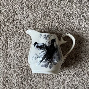 Vintage Bird Creamer Pitcher Black White Floral Porcelain Farmhouse Decor